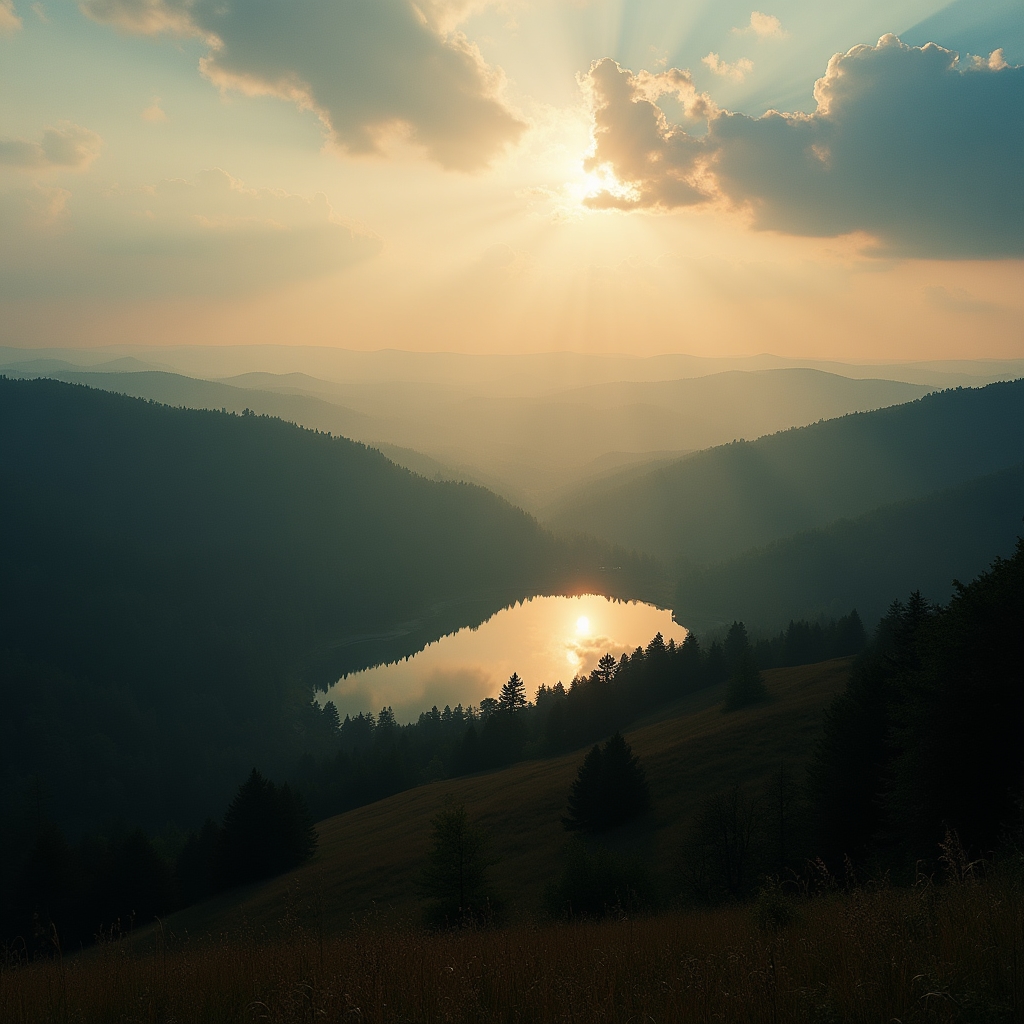 Ranní mlha nad českou krajinou s lesy a rybníky