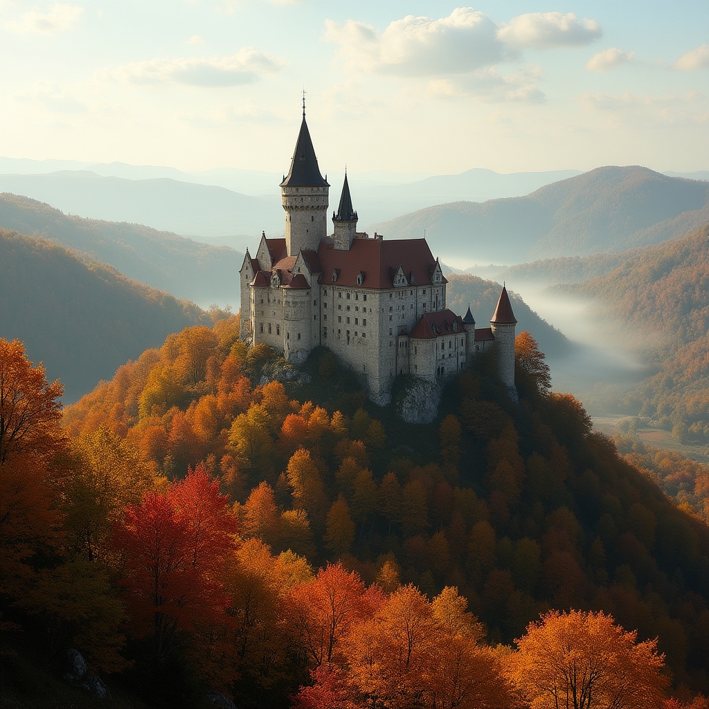 Historický hrad obklopený podzimní krajinou