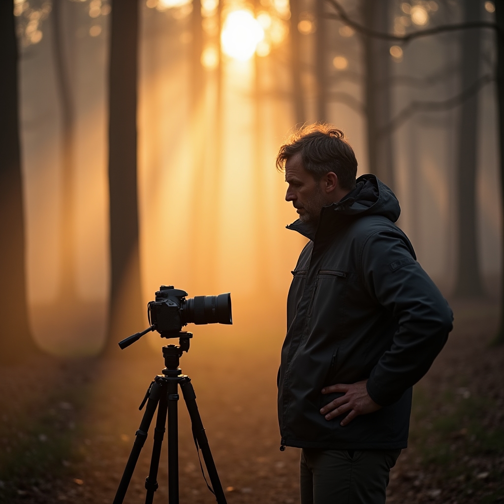 Fotograf při ranním fotografování v lese